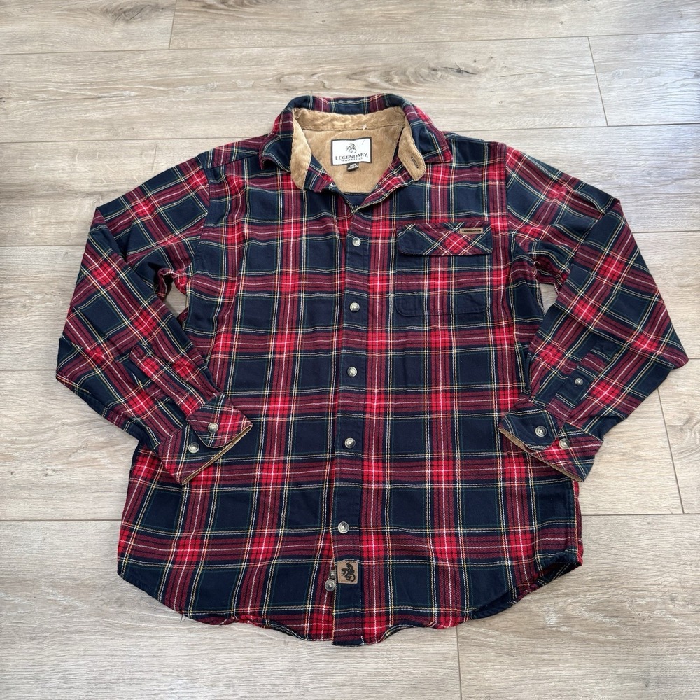 Legendary Whitetail Men's Medium Navy Blue Red Plaid Flannel‎ Shirt 100% Cotton